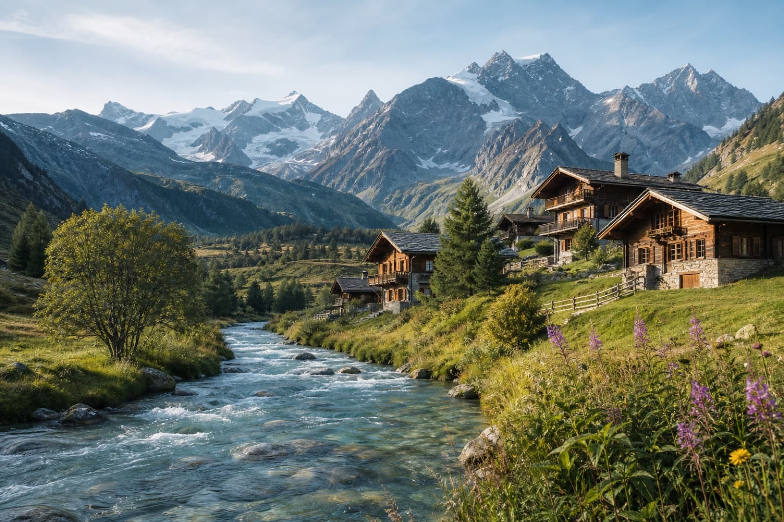 Swiss alpine village beside a clear mountain river